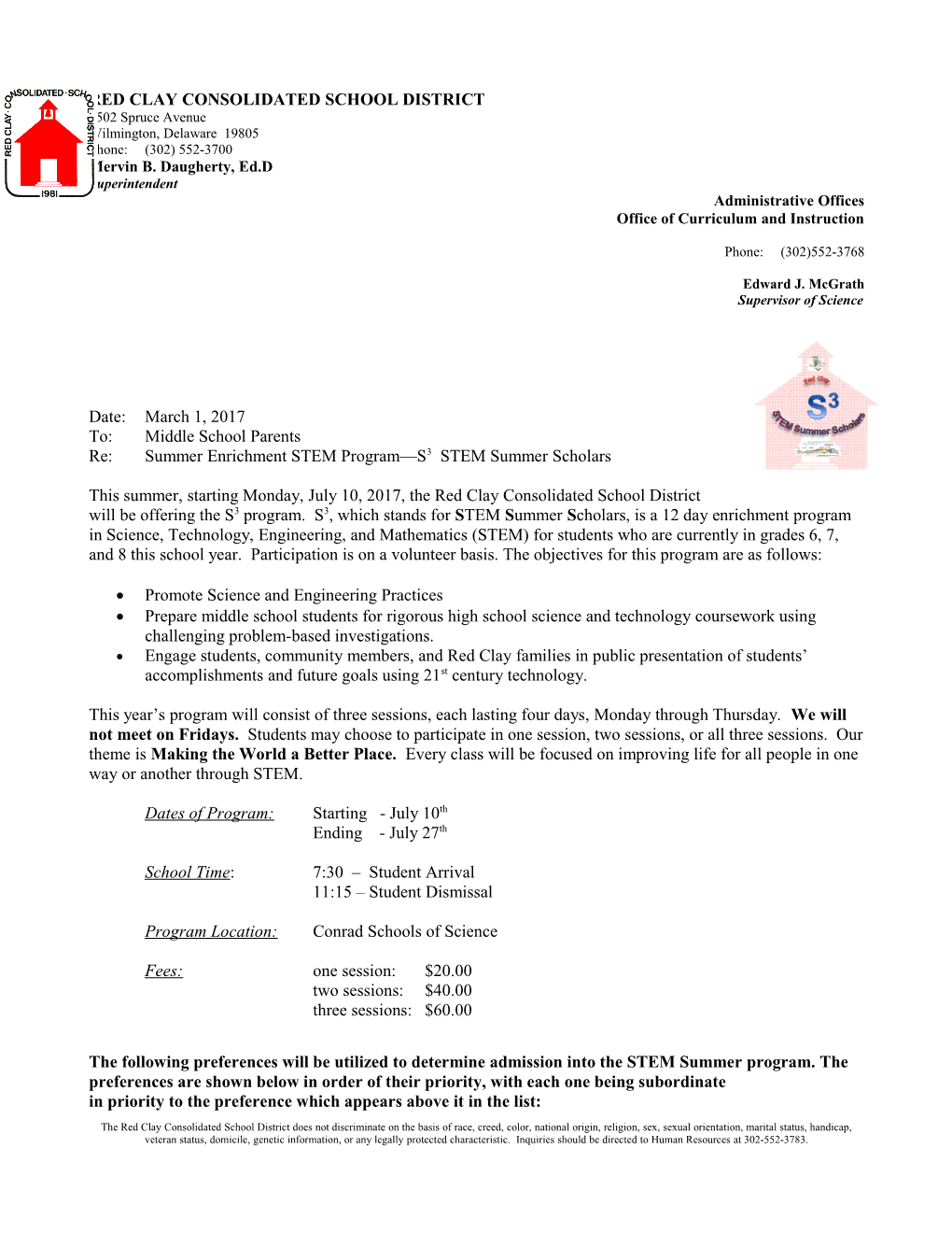 Re: Summer Enrichment STEM Program S3 STEM Summer Scholars