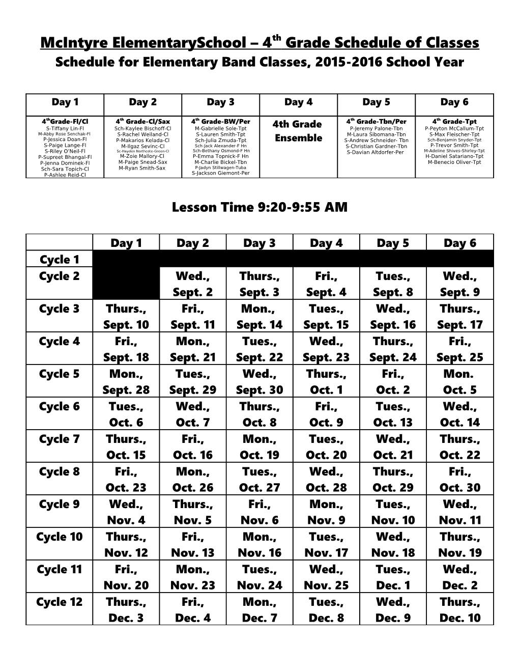 Mcintyre Elementaryschool 4Th Grade Schedule of Classes