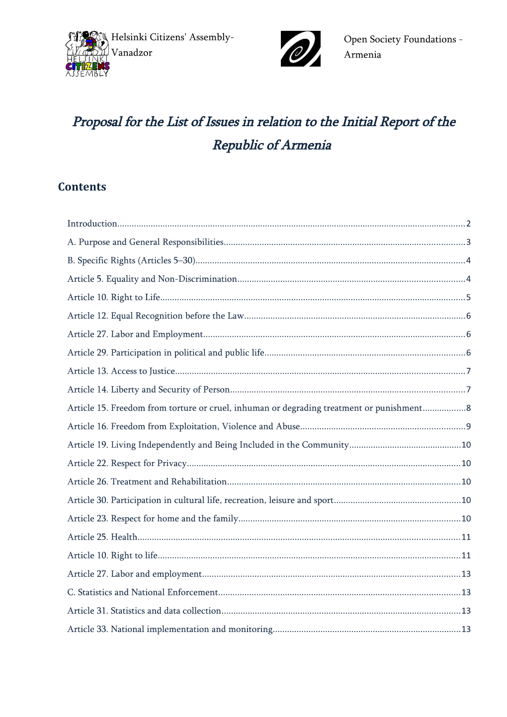 Proposal for the List of Issues in Relation to the Initial Report of the Republic of Armenia
