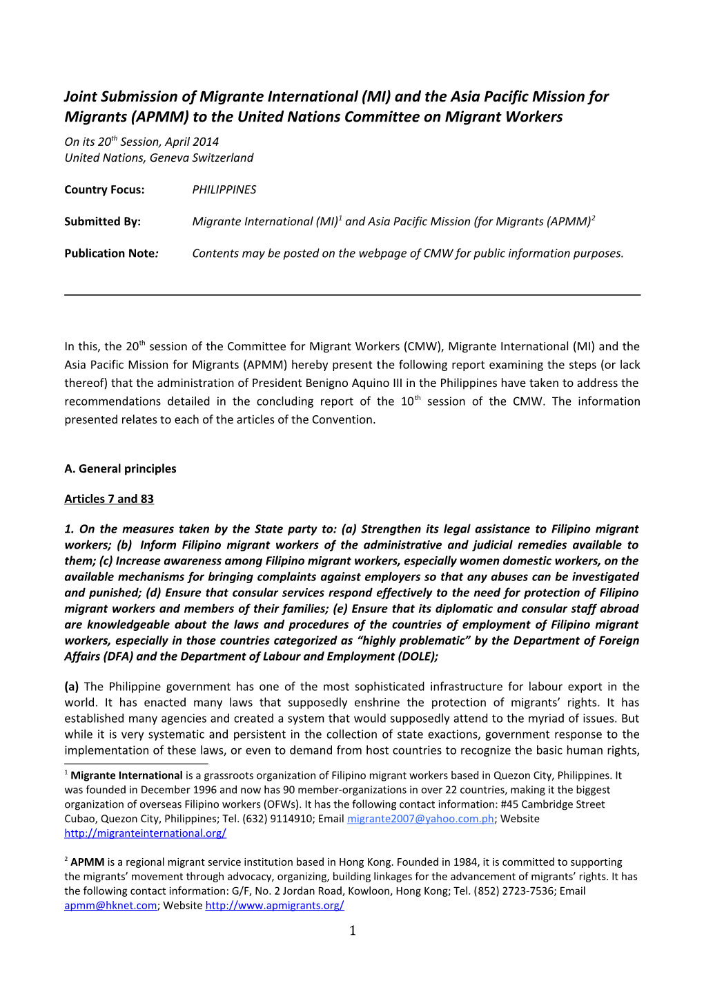 Joint Submission of Migrante International (MI) and the Asia Pacific Mission for Migrants