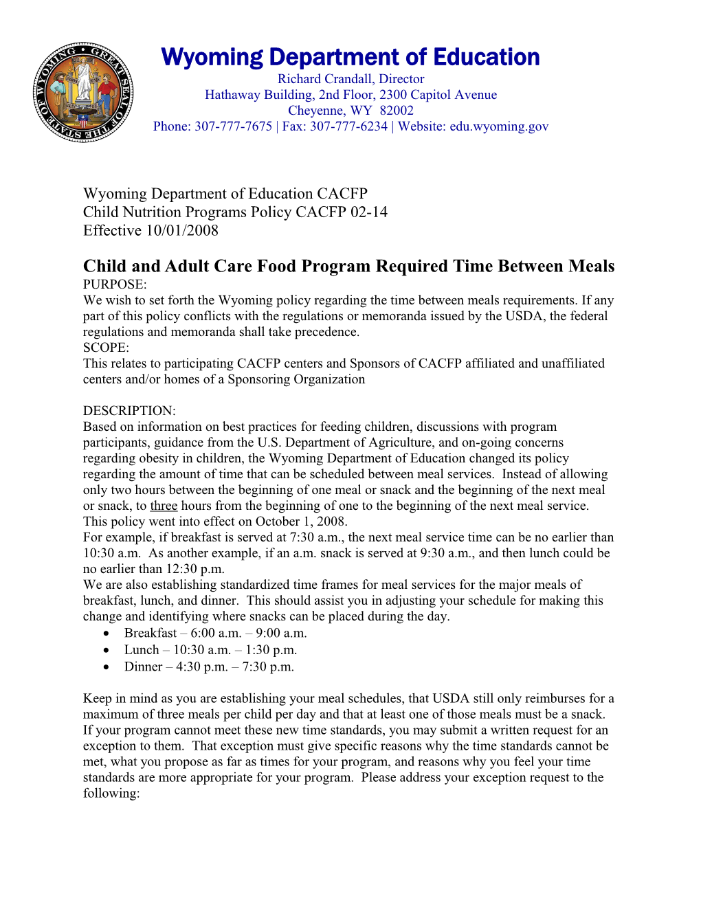 Child and Adult Care Food Program Required Time Between Meals