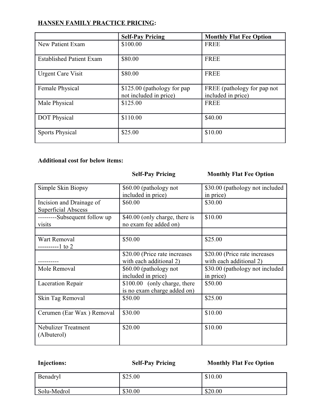 Hansen Family Practice Pricing