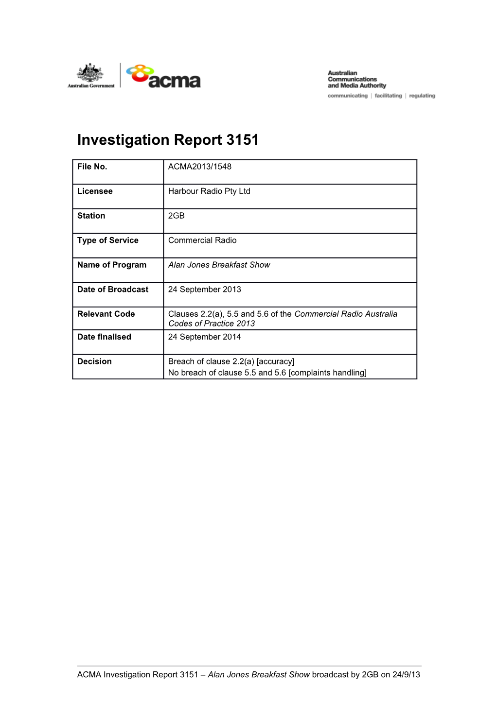Investigation Under Section 170 of the BSA