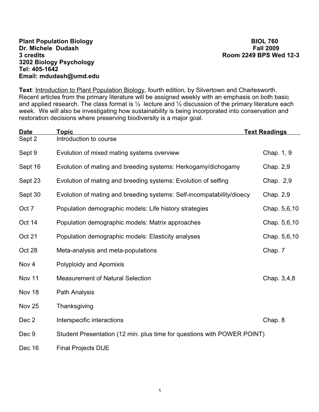 Plant Population Biology (BOTN 699M)