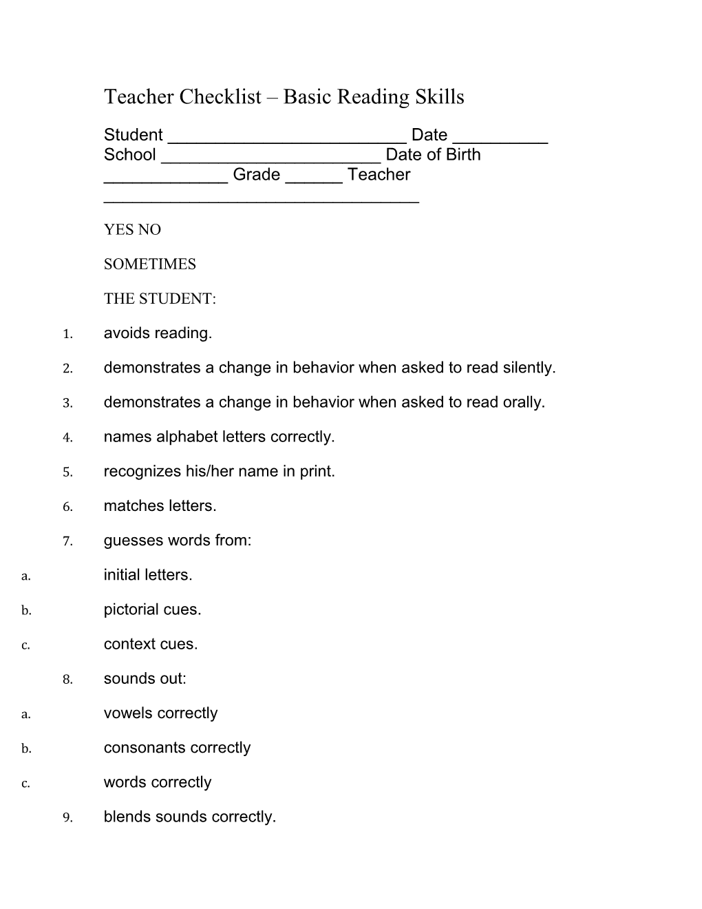 Teacher Checklist Basic Reading Skills