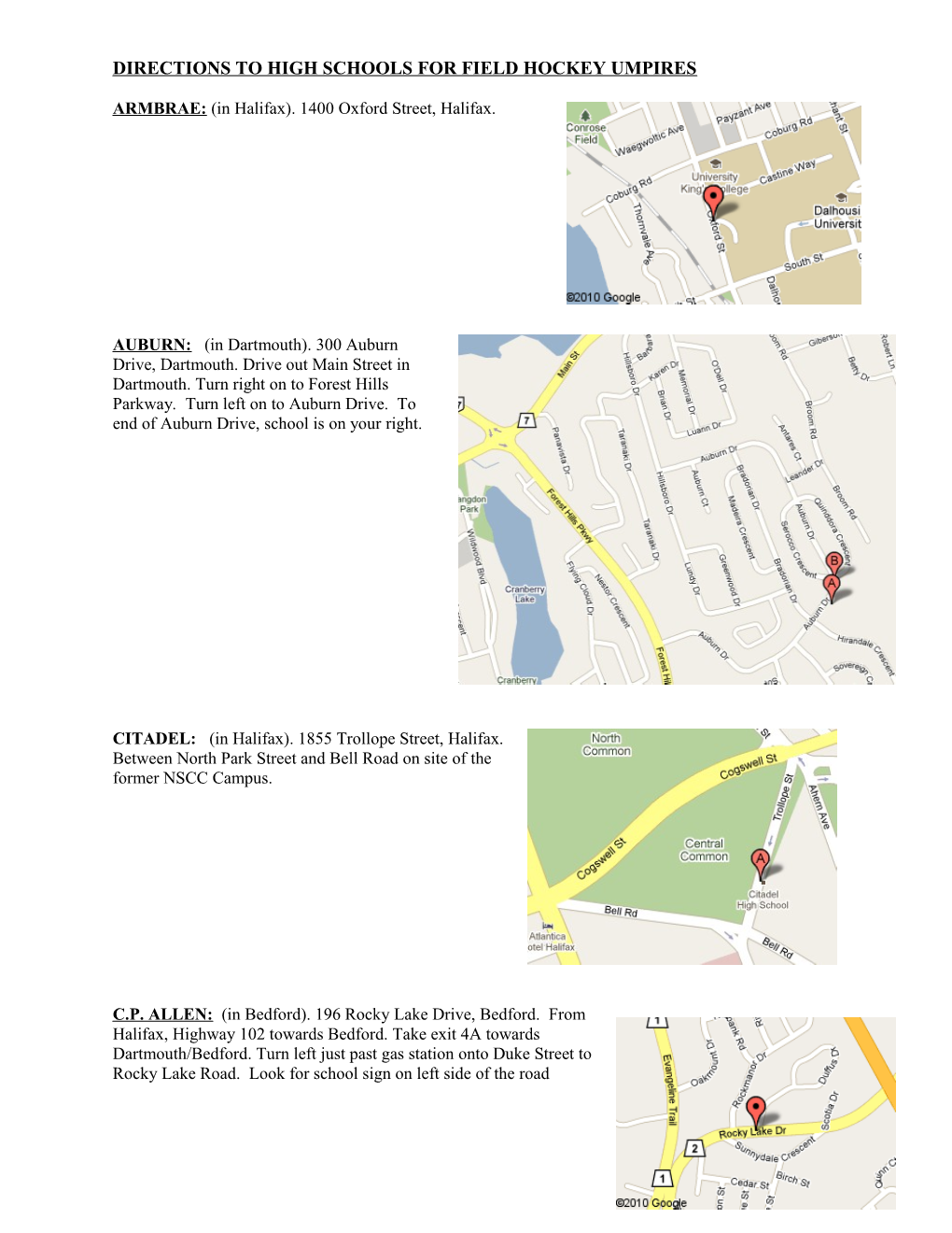 Directions to High Schools for Field Hockey Umpires