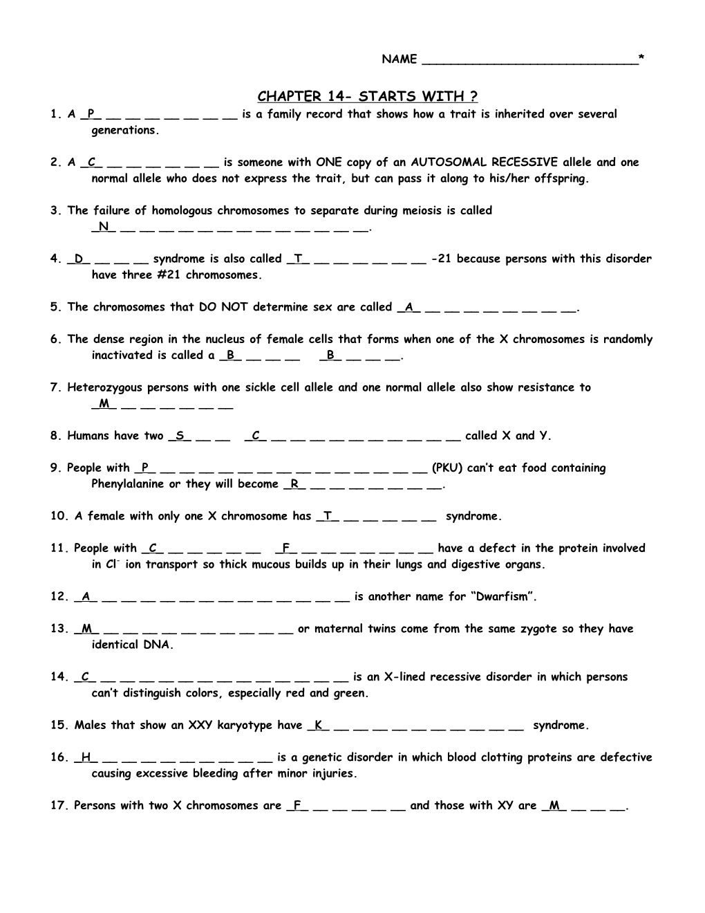 1. a P______Is a Family Record That Shows How a Trait Is Inherited Over Several Generations