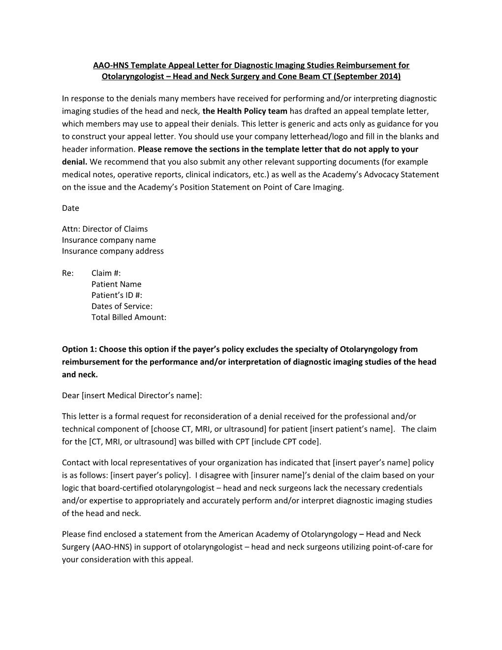 AAO-HNS Template Appeal Letter for Diagnostic Imaging Studies Reimbursement For