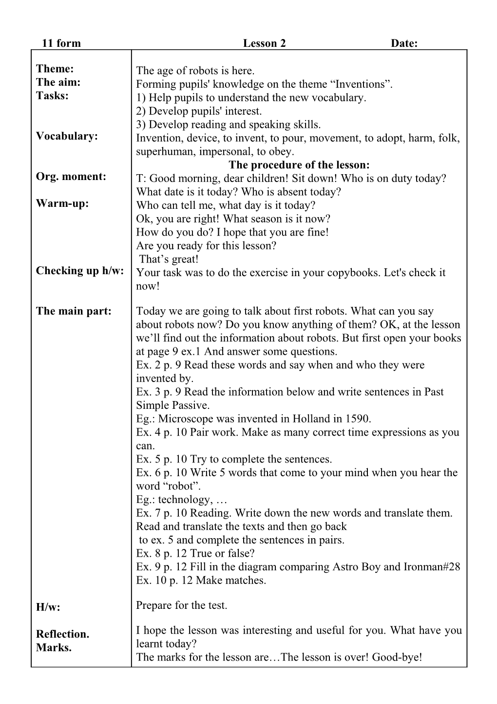 11 Form Lesson Date