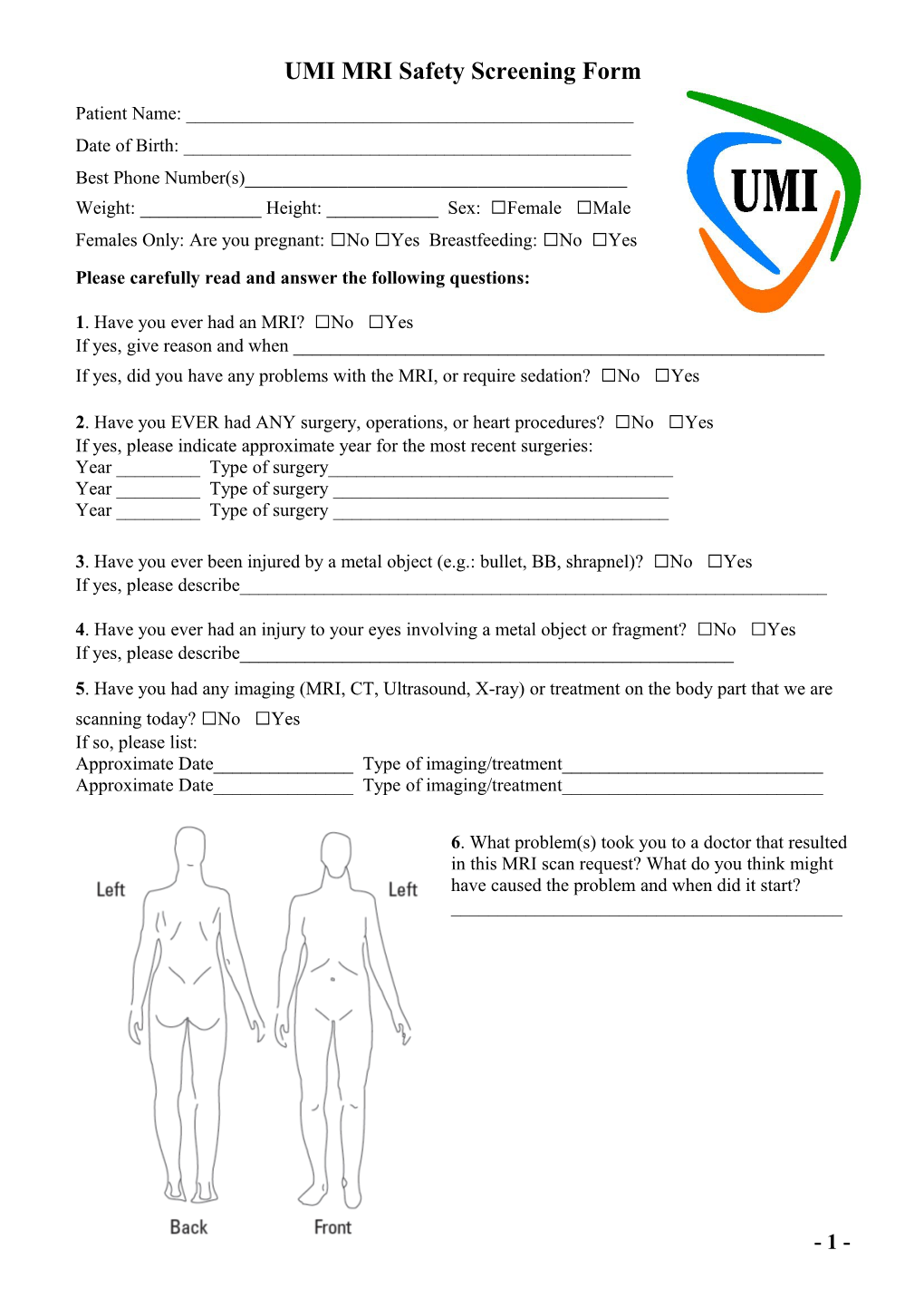 Mri Safety Screening Form