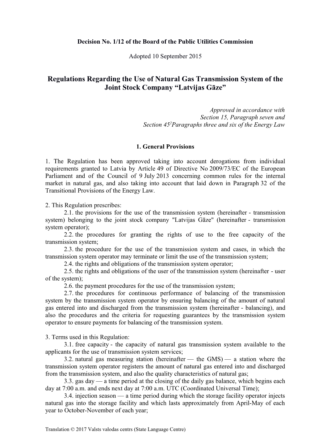 Decision No. 1/12 of the Board of the Public Utilities Commission