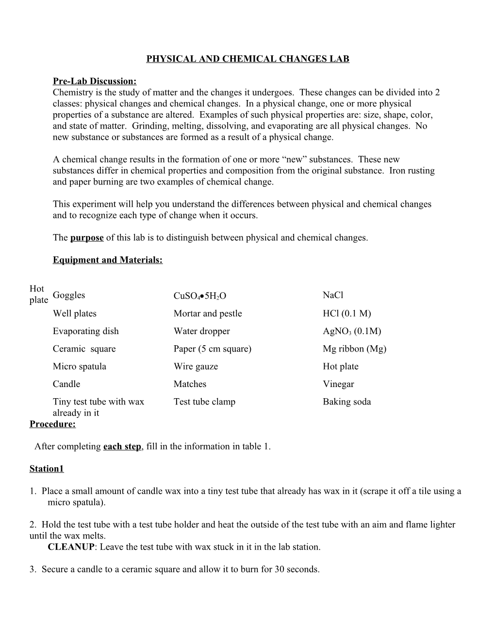 Physical and Chemical Changes Lab