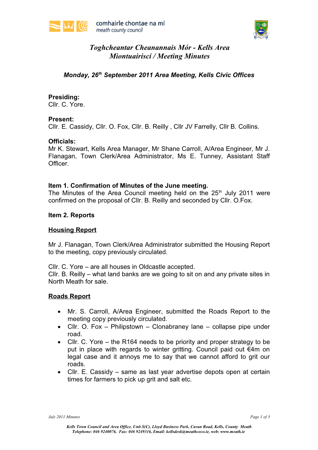 Monday, 26Th September2011 Area Meeting, Kells Civic Offices