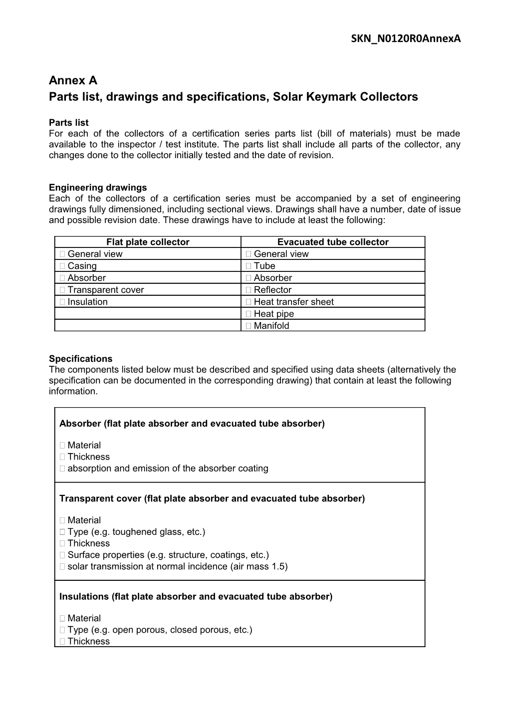 Parts List, Drawings and Specifications, Solar Keymarkcollectors