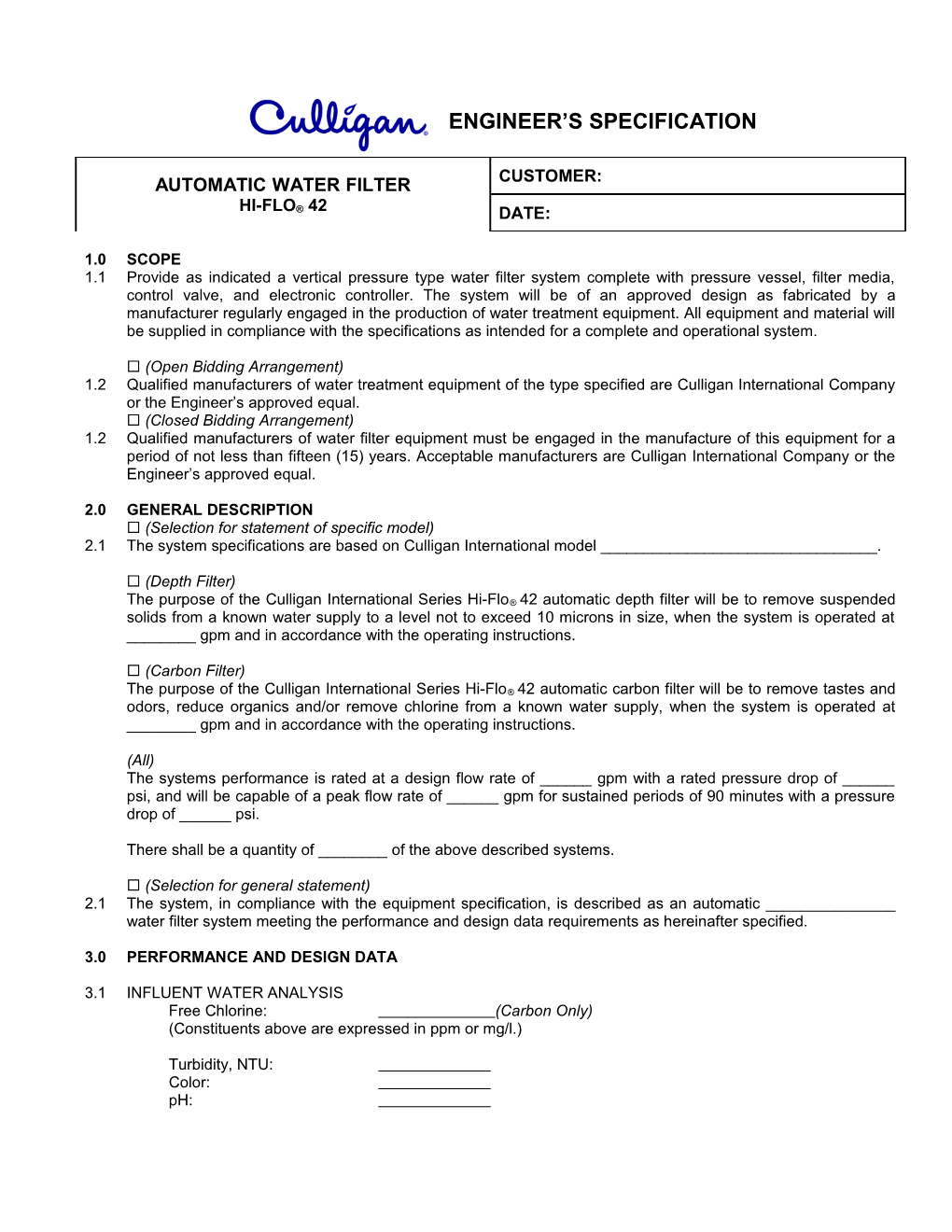 Hi-Flo 42 Filter Engineer's Specification