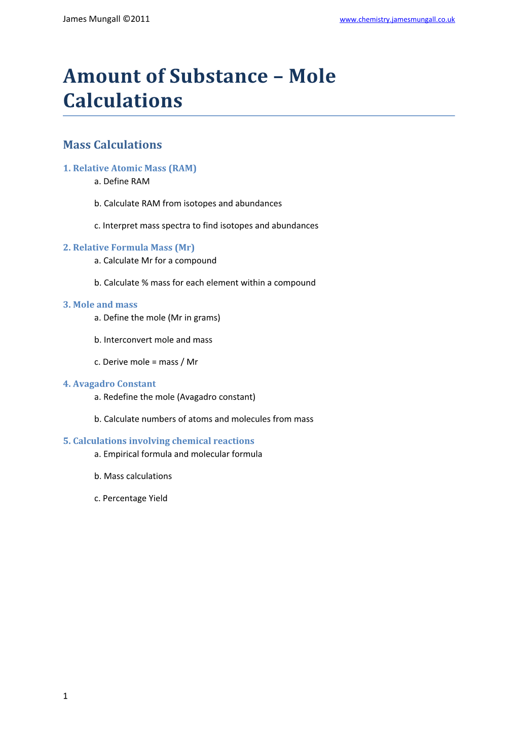 Amount of Substance Mole Calculations