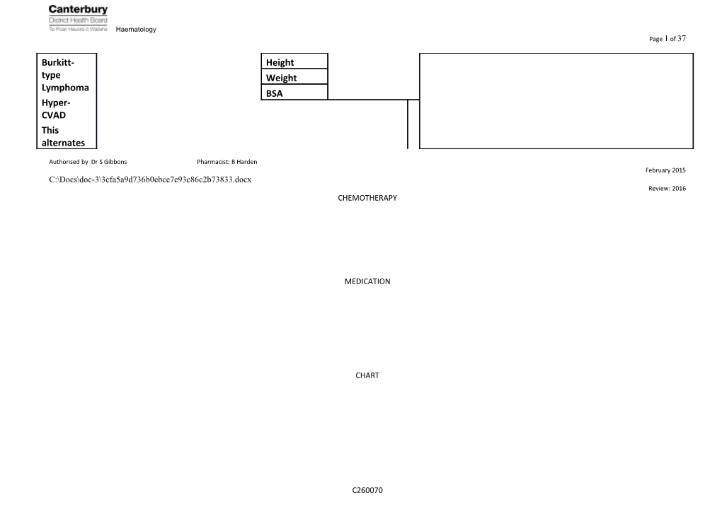 Chemotherapy Chart Burkitt-Type Lymphoma R Hyper C VAD Cycles 1 and 3