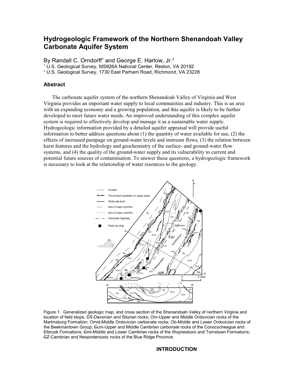 Geohydrologic Framework of the Northern Shenandoah Valley Carbonate Aquifer System