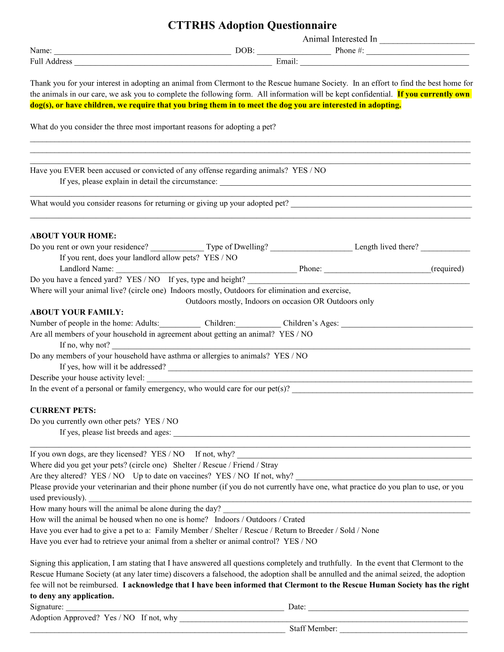 CTTRHS Adoption Questionnaire
