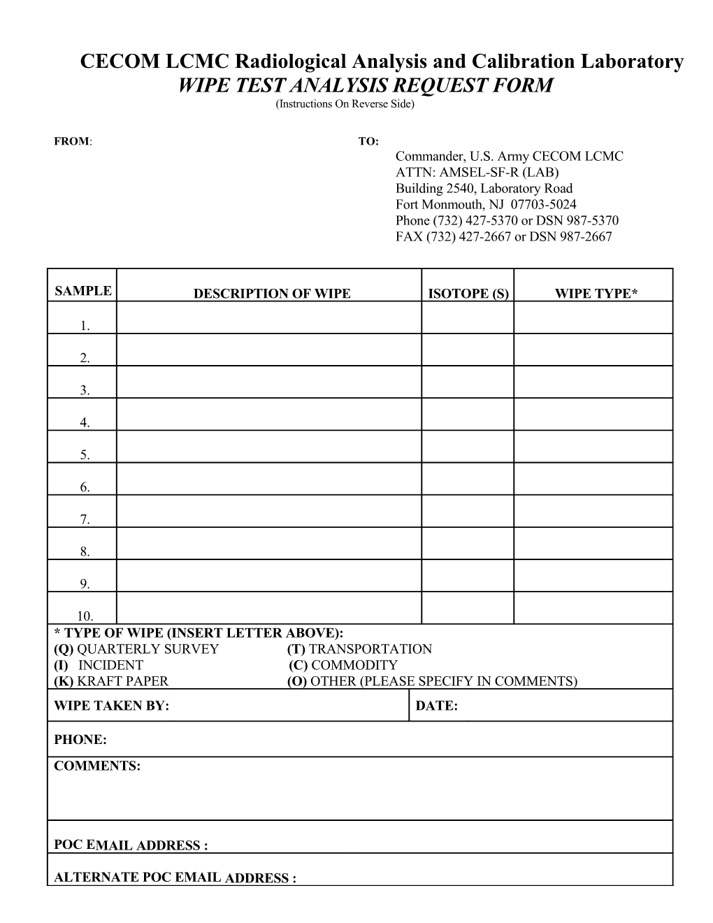 Wipe Test Analysis Request Form