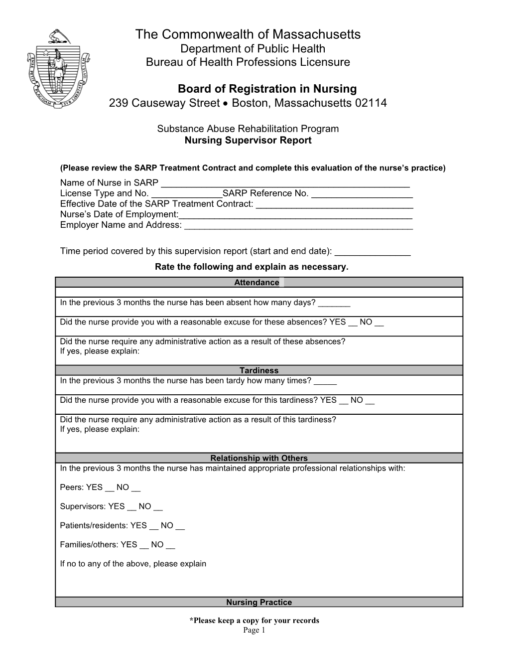 Please Review the SARP Treatment Contract and Complete This Evaluation of the Nurse Spractice