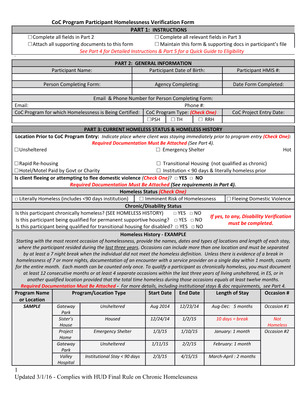 Coc Program Participant Homelessness Verification Form