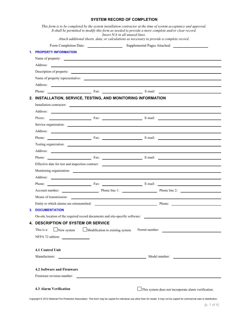 Fire Alarm System Record of Completion