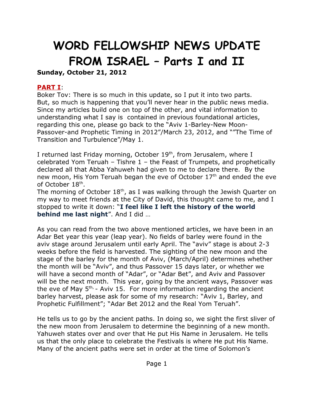 WORD FELLOWSHIP NEWS UPDATE from ISRAEL Parts I and II