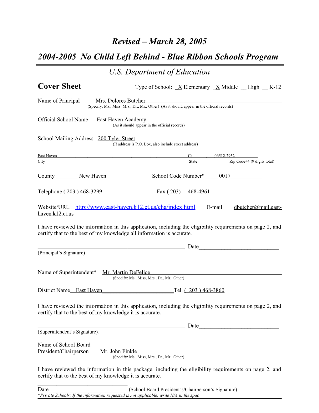 East Haven Academy Application: 2004-2005, No Child Left Behind - Blue Ribbon Schools Program