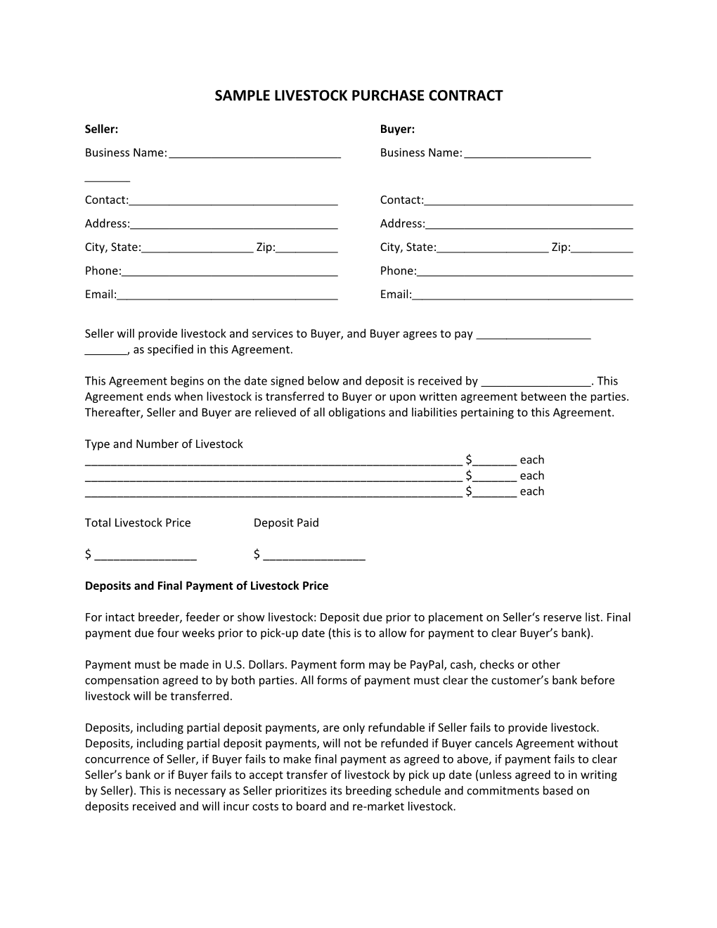 Sample Livestock Purchase Contract