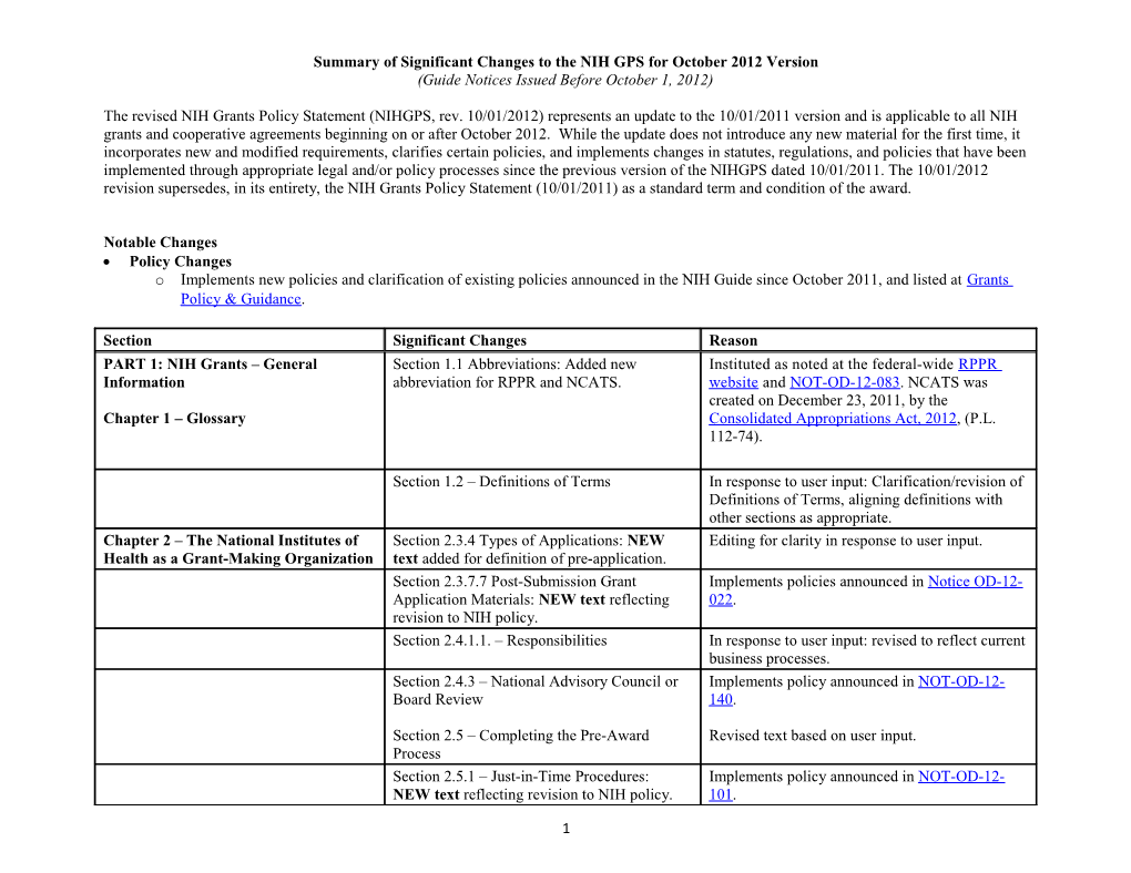 NIH Grants Policy Statement - Significant Changes 2012