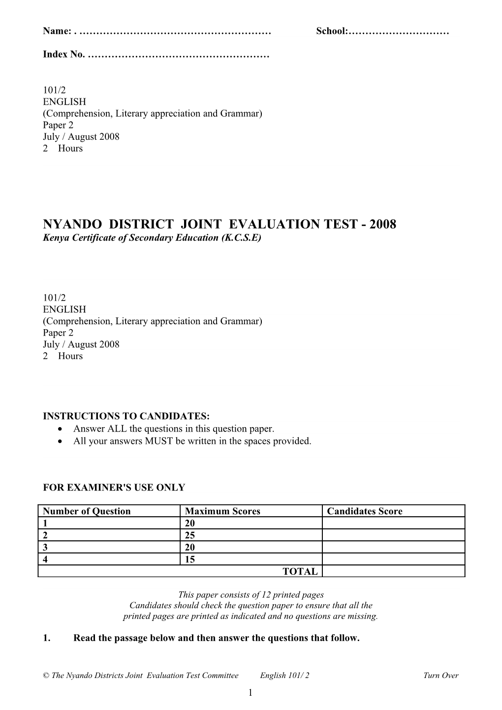 Nyando District Joint Evaluation Test - 2008
