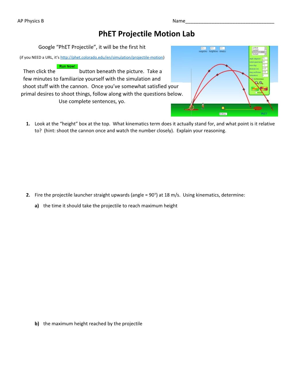 Phet Projectile Motion Lab