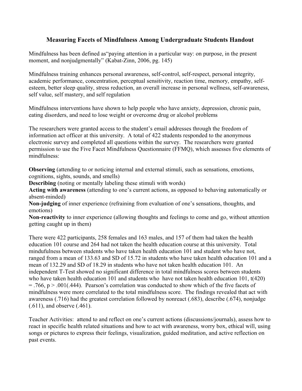 Measuring Facets of Mindfulness Among Undergraduate Students Handout