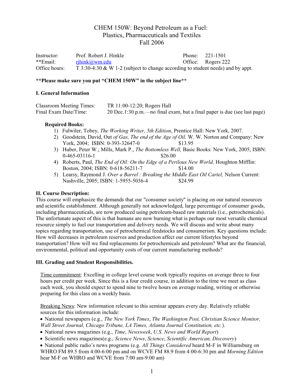 CHEM 150W: Beyond Petroleum As a Fuel