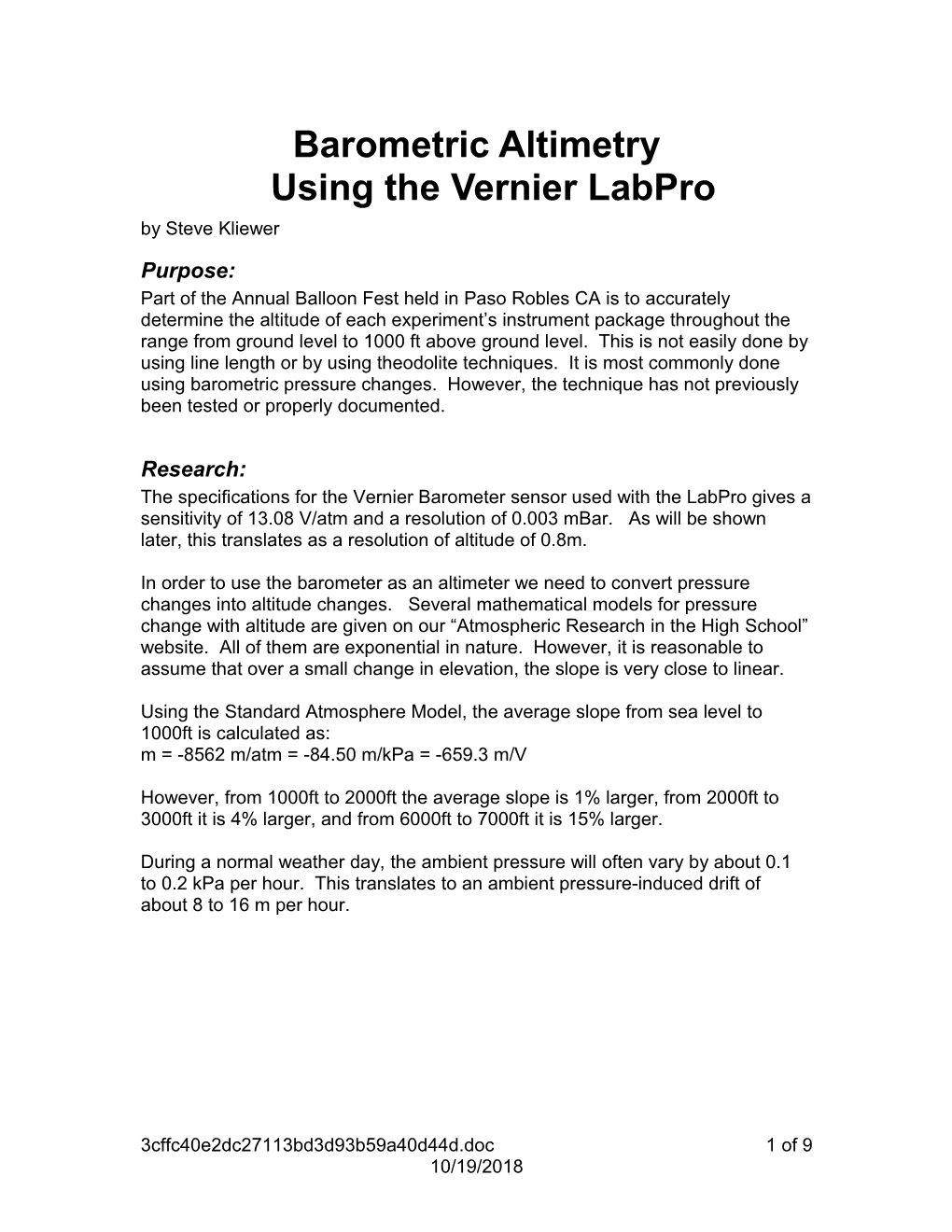 Barometric Altimetryusing the Vernier Labpro