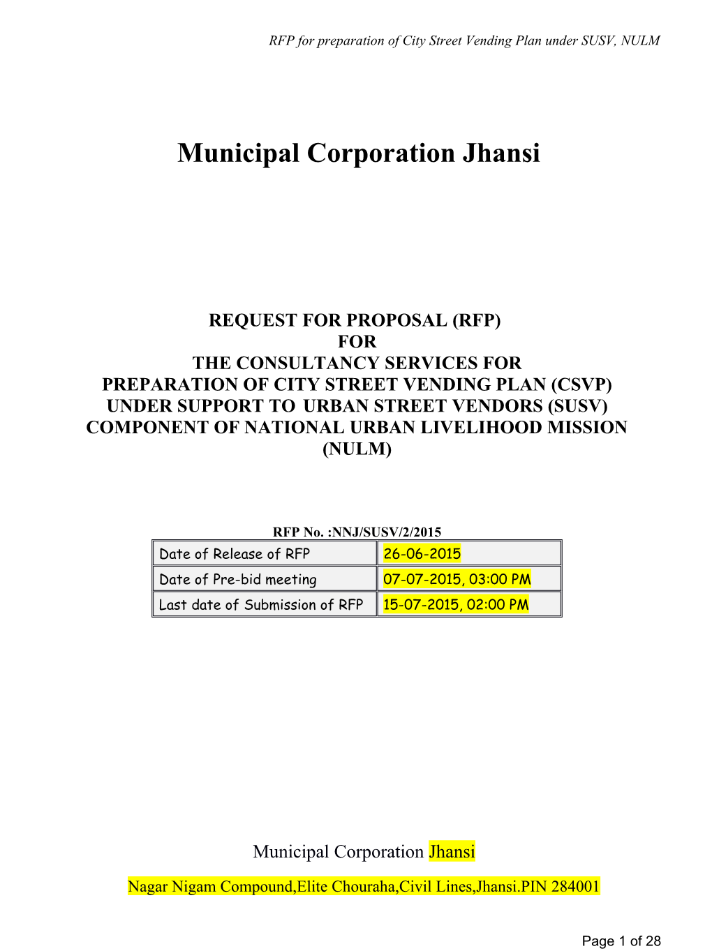 RFP for Preparation of City Street Vending Plan Under SUSV, NULM