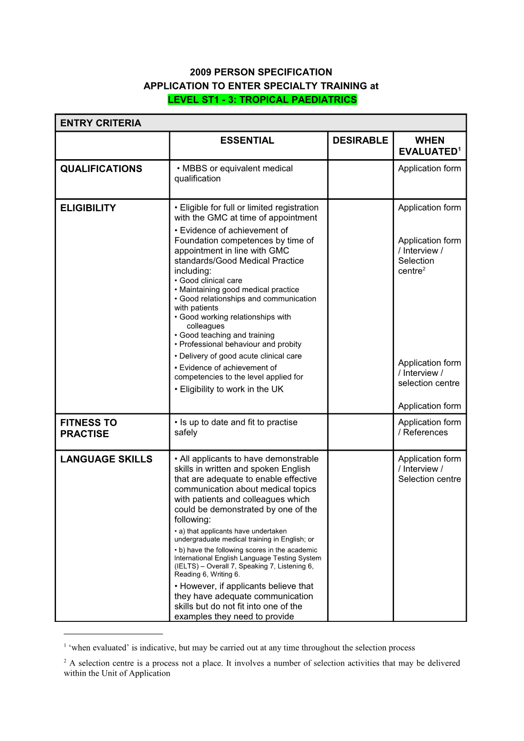 APPLICATION to ENTER SPECIALTY TRAINING At