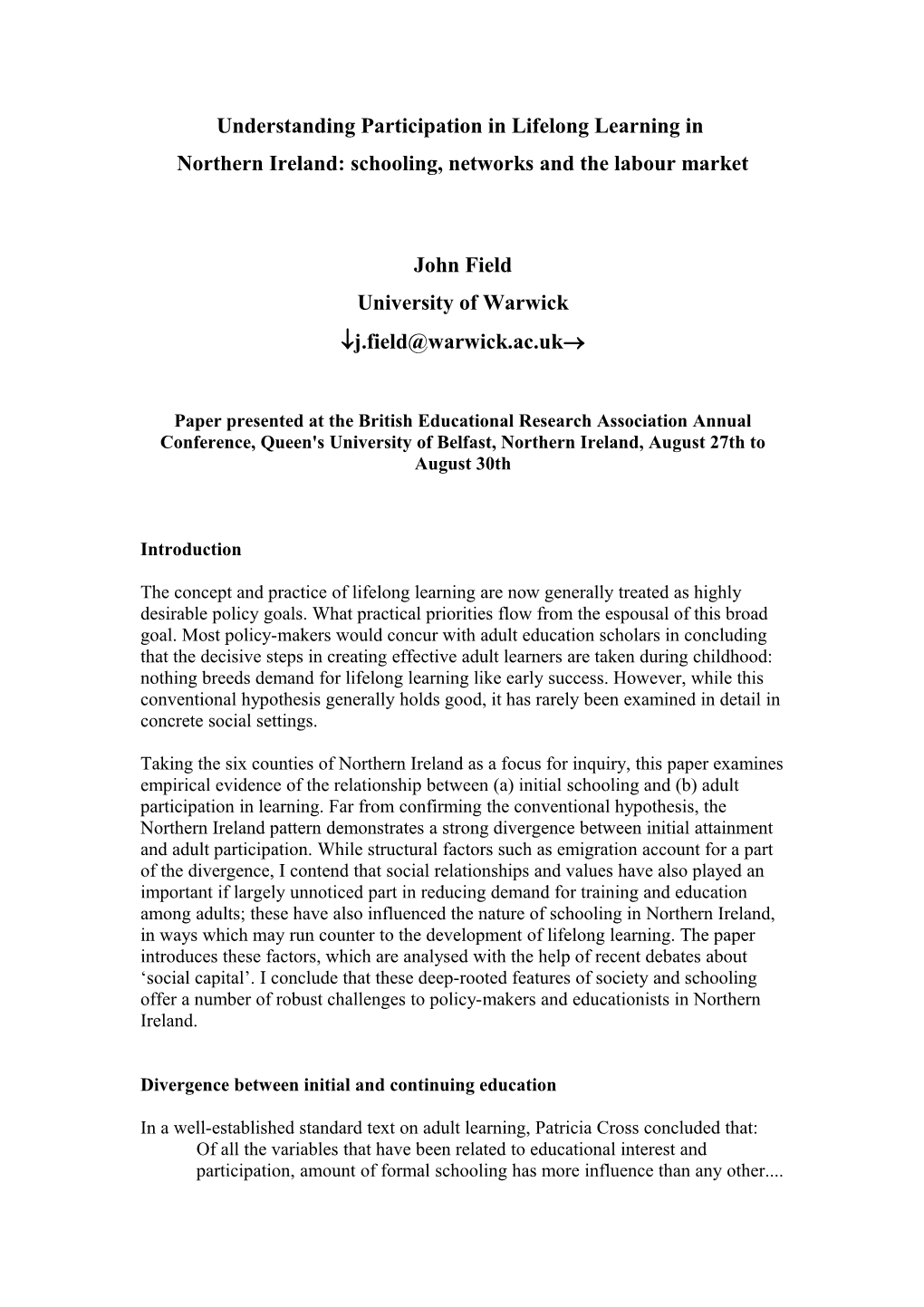 Understanding Participation in Lifelong Learning in Northern Ireland: Schooling, Networks