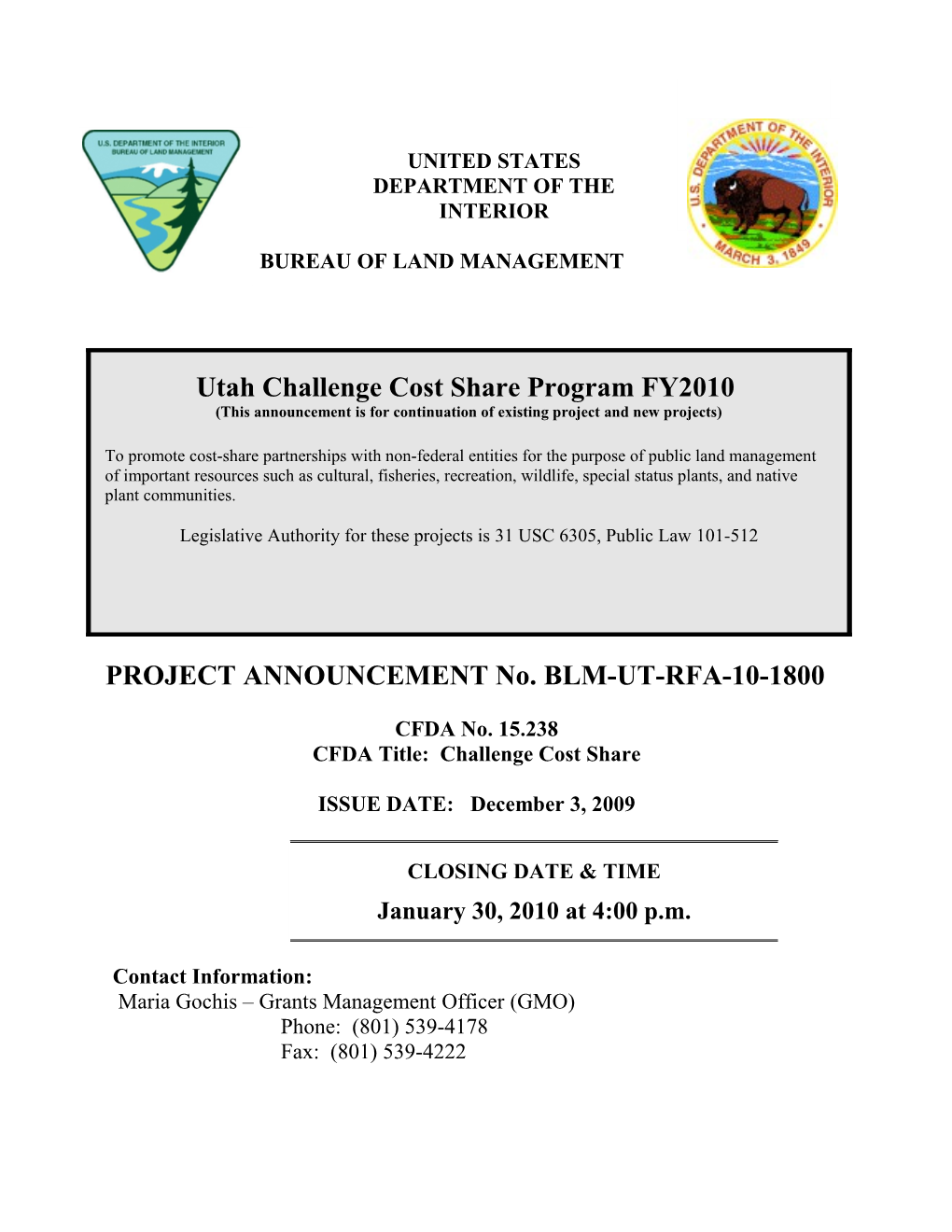 PROJECT ANNOUNCEMENT No. BLM-UT-RFA-10-1800