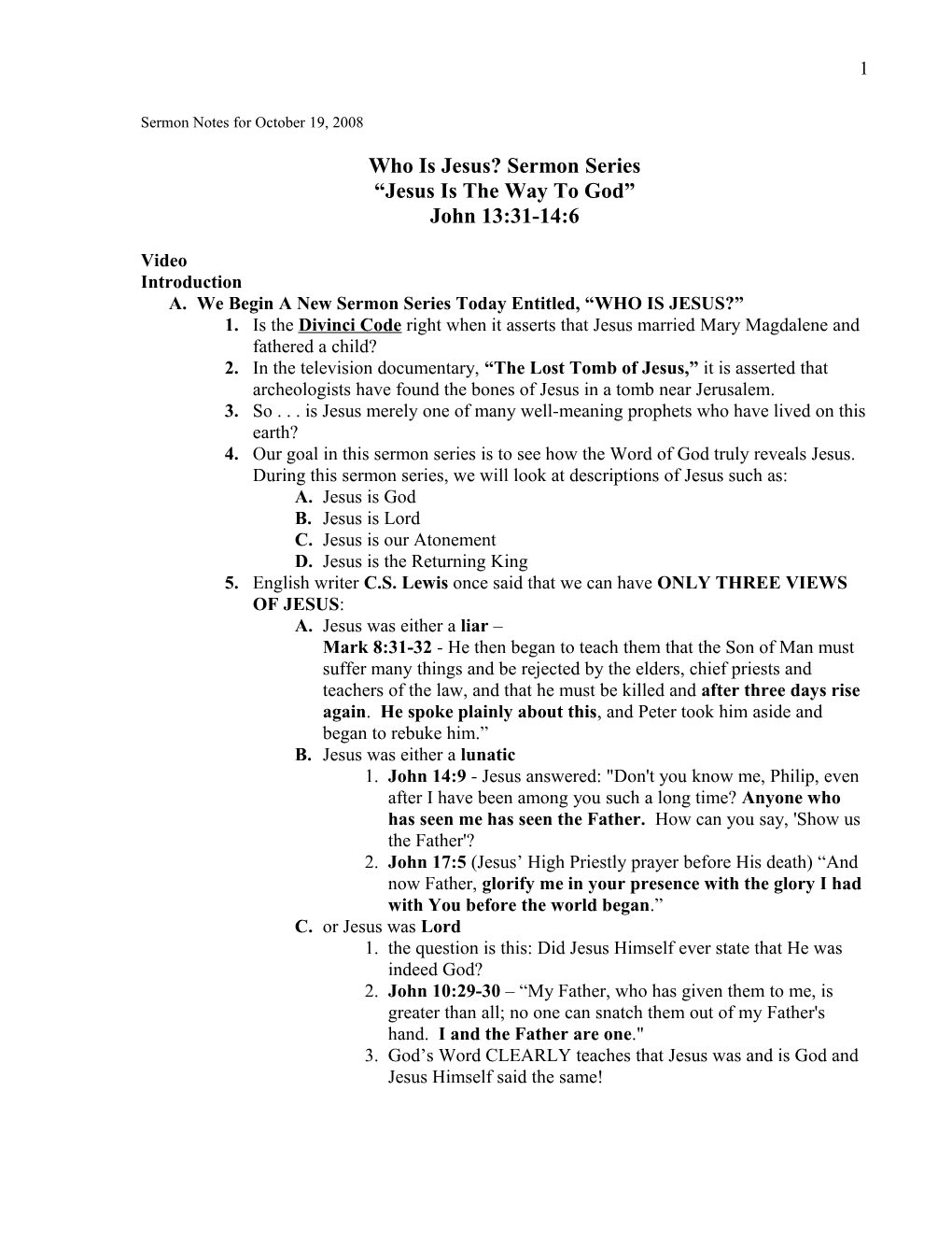 Sermon Notes for October 19, 2008