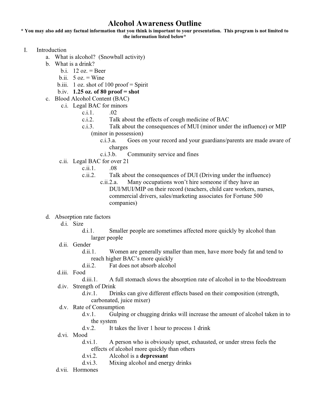 Alcohol Awareness Outline