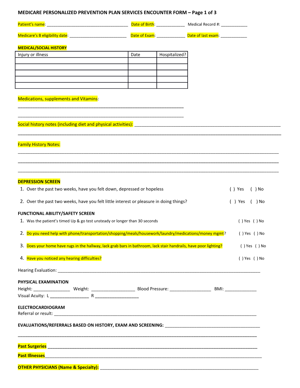 MEDICARE PERSONALIZED PREVENTION PLAN SERVICES ENCOUNTER FORM Page 1 of 3