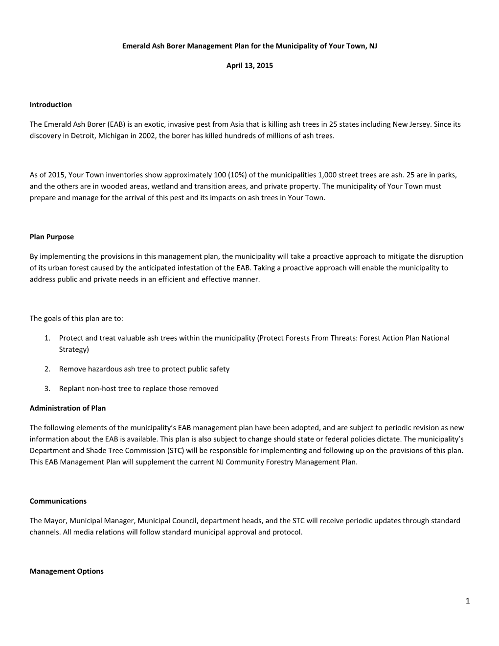 Emerald Ash Borer Management Plan for the Municipality of Your Town, NJ