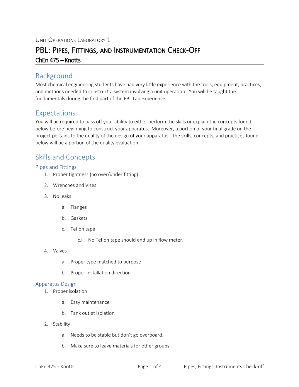 PBL: Pipes, Fittings, and Instrumentation Check-Off