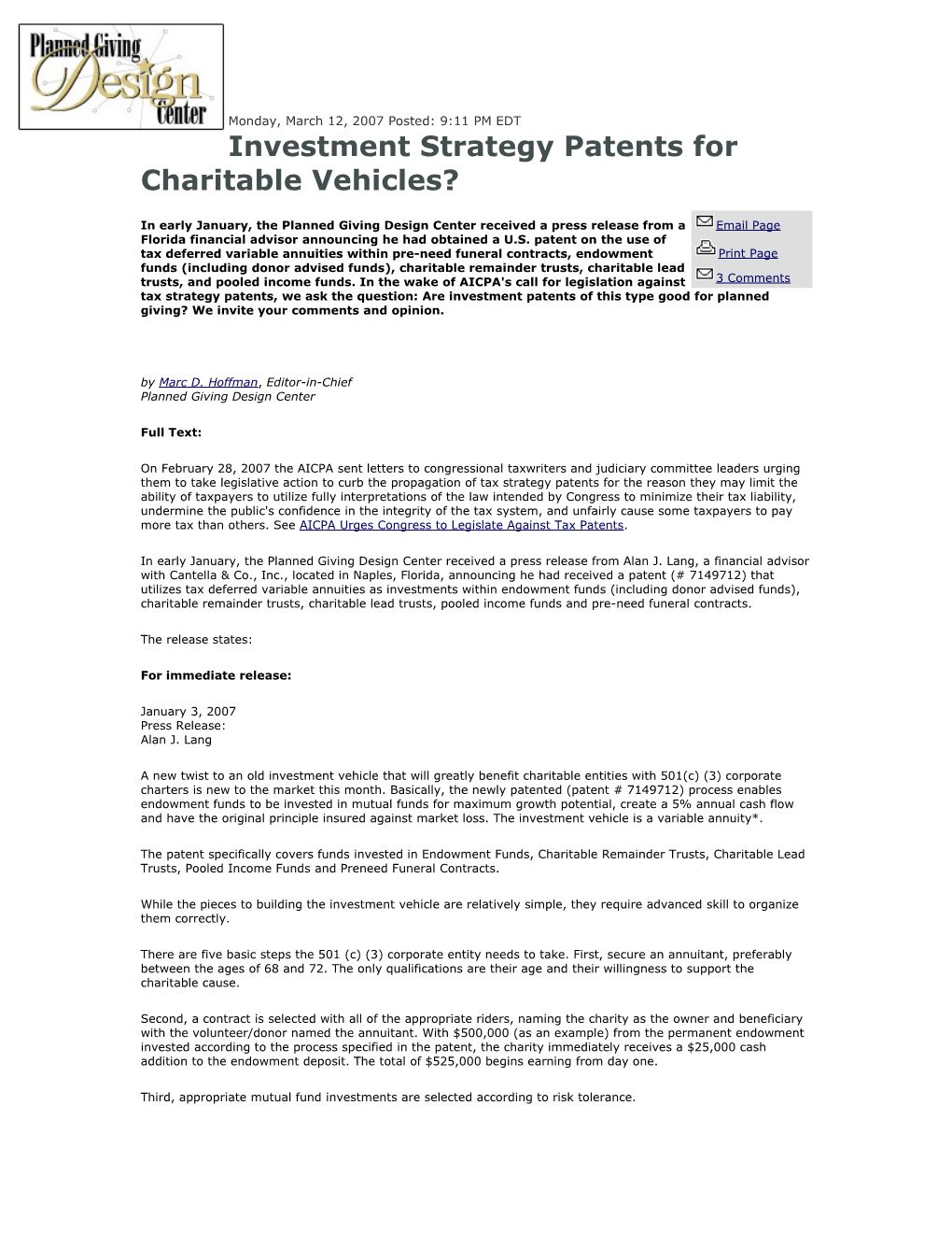 Article on Investment Strategy Patents for Charitable Vehicles - March 12, 2007