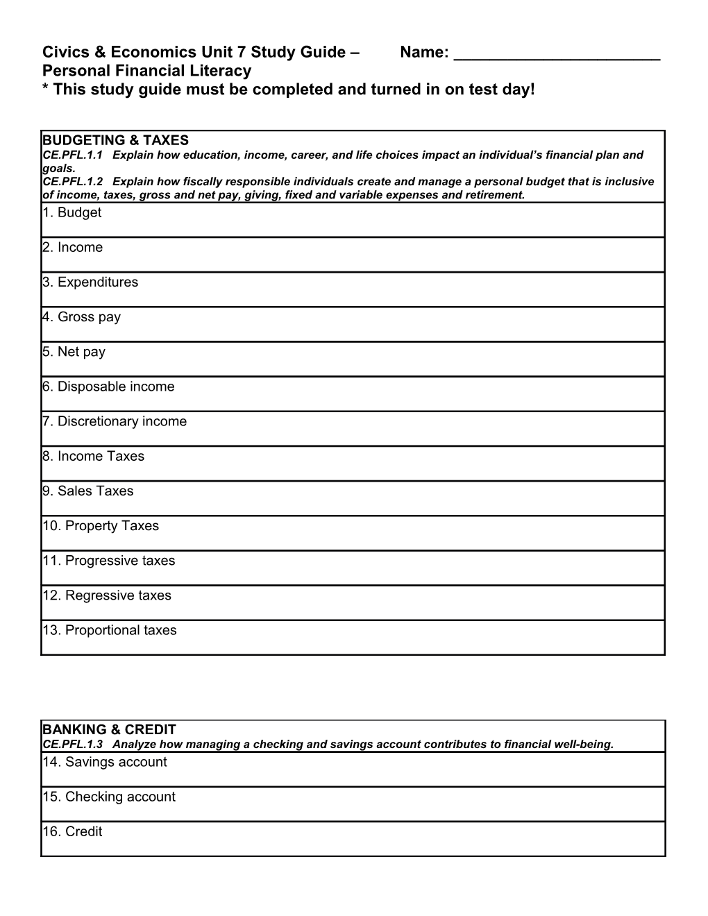 Civics & Economics Unit 7 Study Guide Name: ______