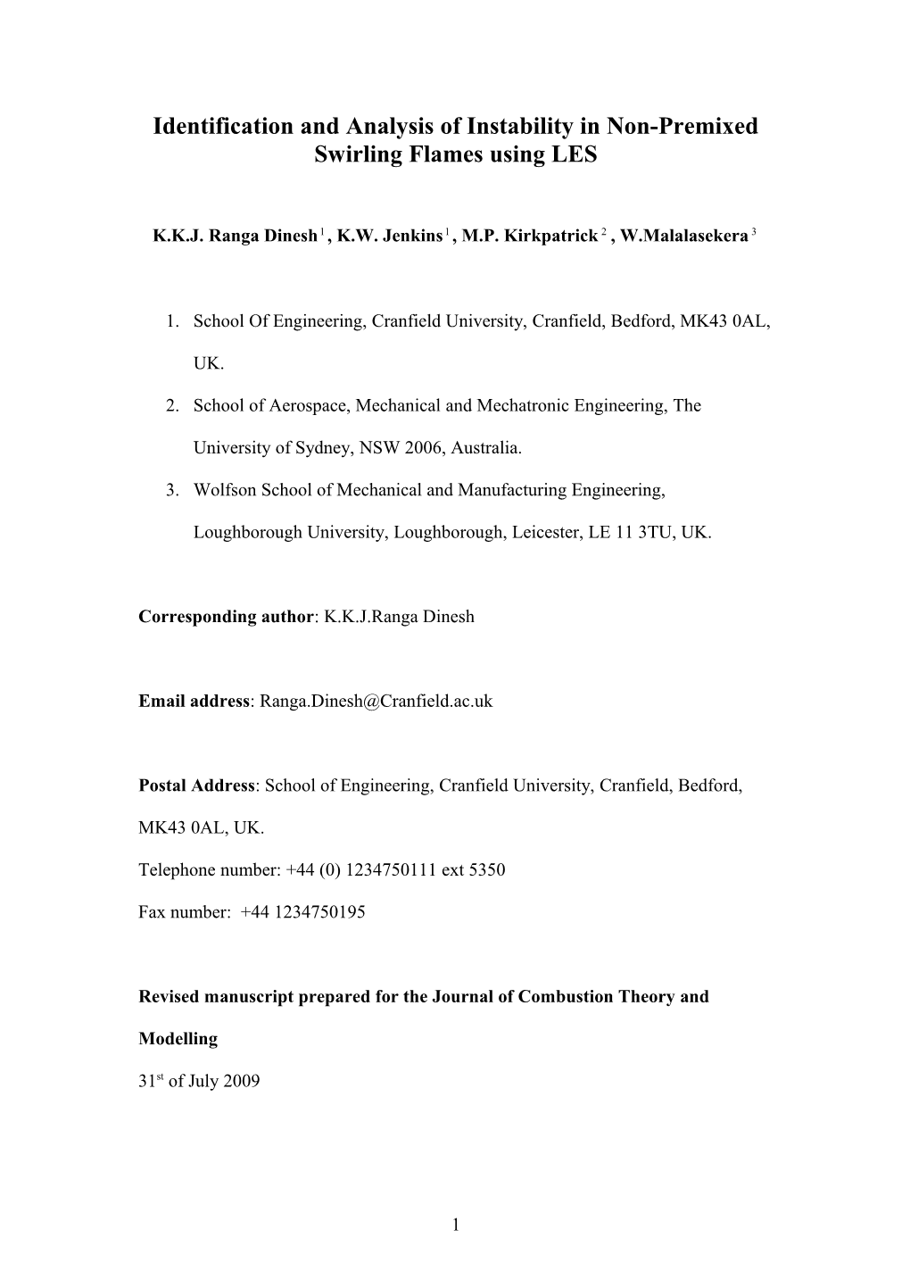 Title for Combustion and Flame Paper: Simulation of Instabilities in Turbulent Non-Premixed