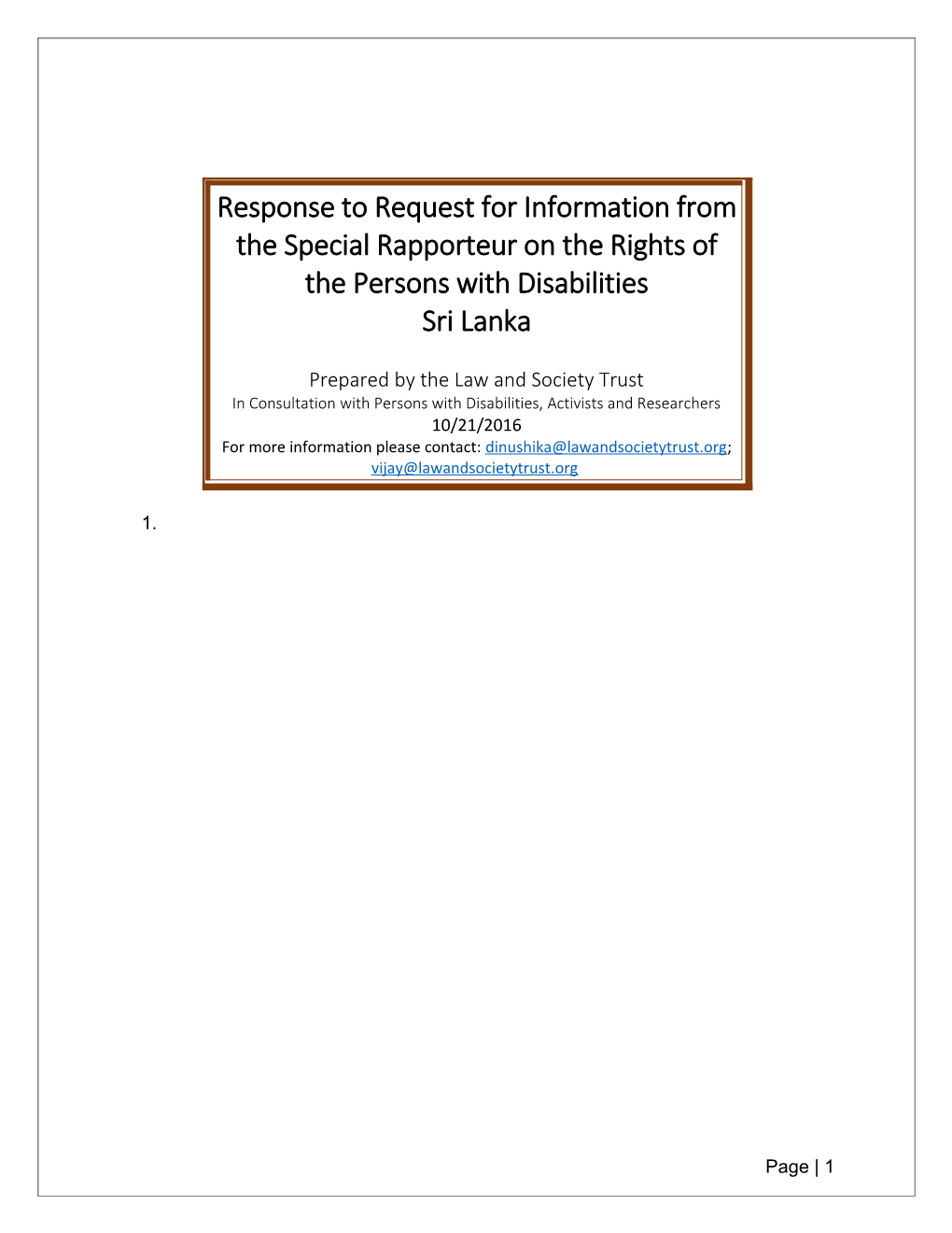 Response to Request for Information from the Special Rapporteur on the Rights of the Persons