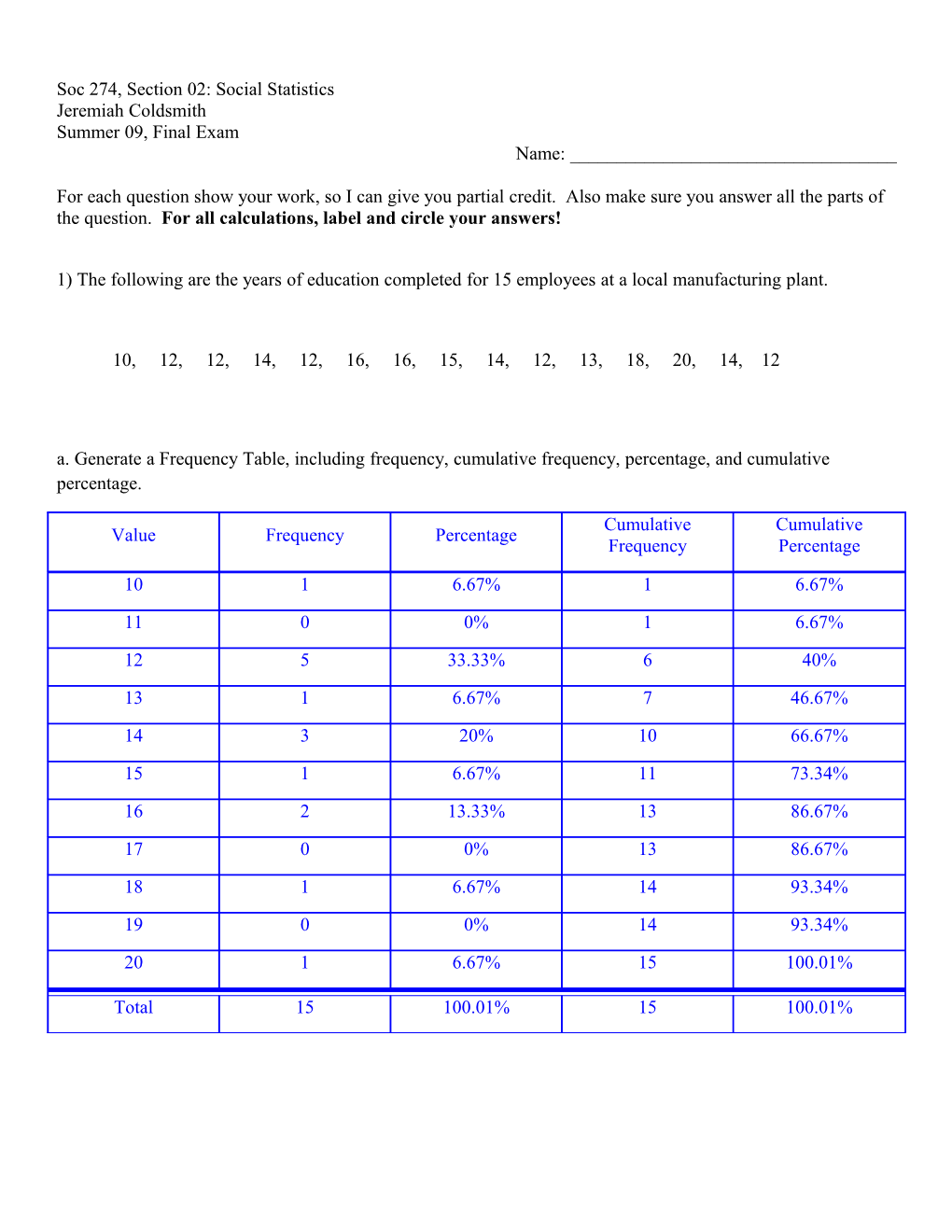 Soc 274, Section 02: Social Statistics